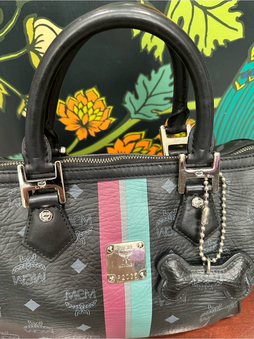 MCM Pet Collection Black Visetos Boston Bag Dog Bone Charm Satchel - Picture 9 of 16